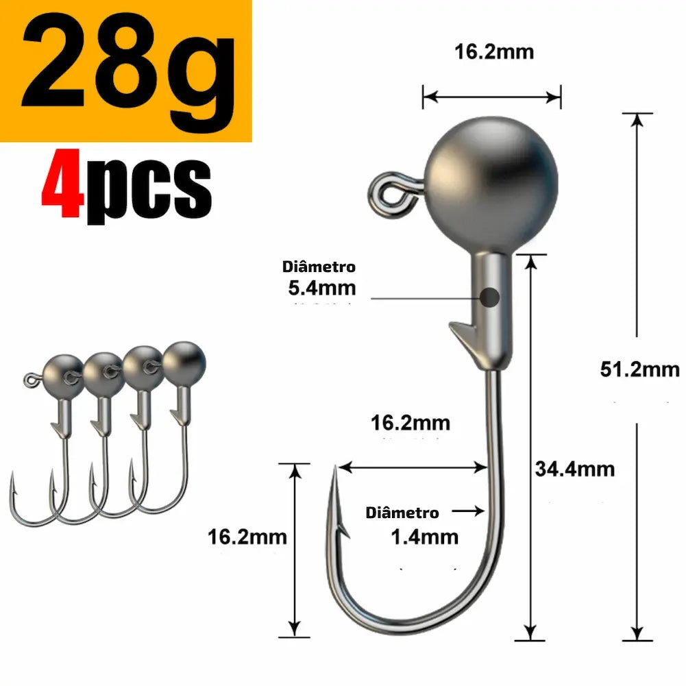A imagem mostra anzóis de 28 gramas, com uma esfera de 5.4mm e gancho de 1.4mm. O comprimento total é de 51.2mm. Esta opção de compra é excelente para pescadores que procuram resistência e durabilidade, ideal para capturas robustas.