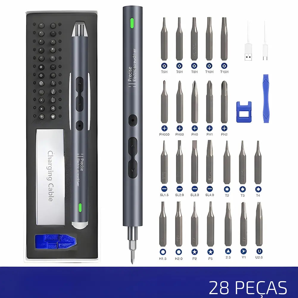 Esta opção de compra apresenta um kit de chave de fenda elétrica com 28 peças. A imagem mostra a chave de fenda com cabo de carregamento, diversos bits de tamanhos variados, e ferramentas auxiliares. A disposição é organizada, destacando a variedade de pontas disponíveis, adequadas para diversas aplicações de reparo e montagem.