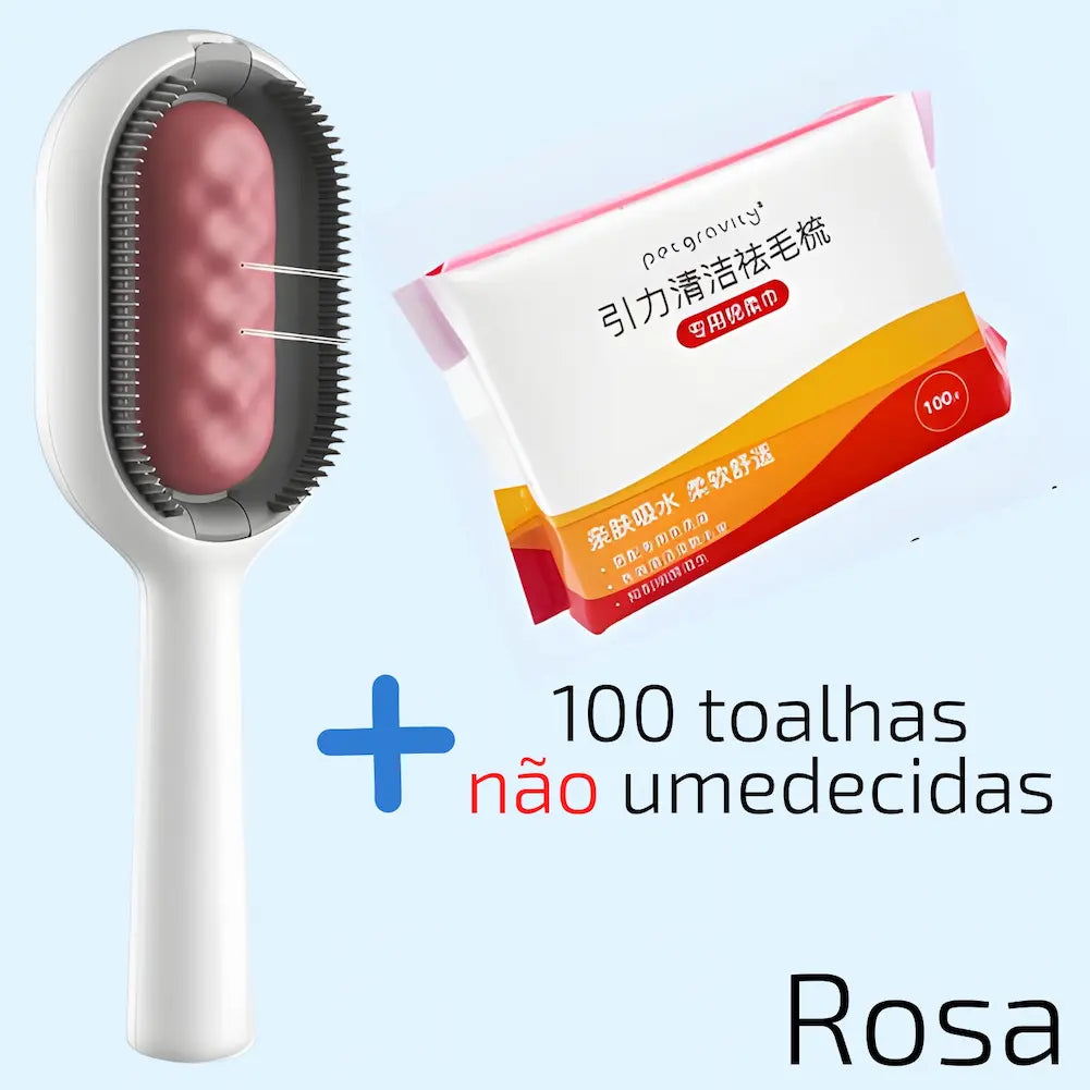 A imagem mostra um pente de remoção de pelos com detalhes em rosa à esquerda e um pacote de toalhas da marca Petgravity à direita. O texto diz: "100 toalhas não umedecidas" com um símbolo de adição entre o pente e o pacote. O fundo é azul claro, destacando os produtos.