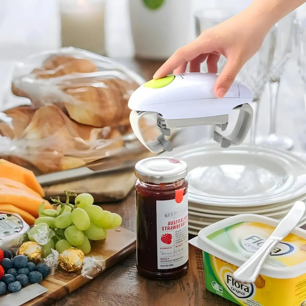 A imagem mostra uma mão usando um abridor de potes automático para abrir um pote de geleia de morango em uma mesa de café da manhã. O dispositivo é branco com detalhes cinza e um botão verde. Na mesa, há croissants, uvas, queijo, frutas e um pote de margarina. Ao fundo, há pratos empilhados e taças de vidro.