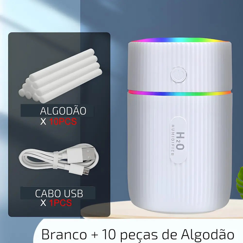 Imagem mostrando um umidificador de ar portátil branco com textura ondulada, emitindo luzes coloridas no topo. Ao lado, há uma representação dos acessórios incluídos: dez peças de algodão cilíndricas e um cabo USB branco. Abaixo dos acessórios, há textos indicando "ALGODÃO X 10PCS" e "CABO USB X 1PCS". Na parte inferior da imagem, lê-se "Branco + 10 peças de Algodão".