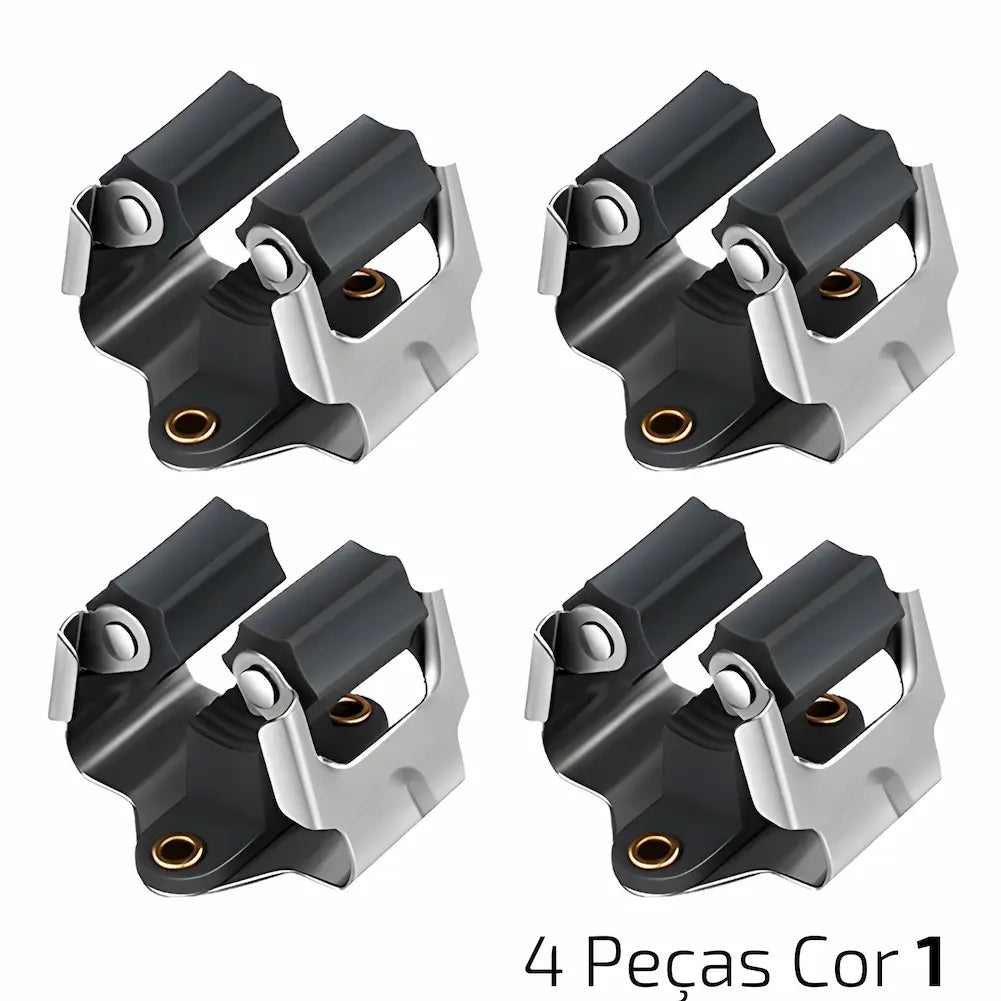  A imagem exibe quatro suportes de parede de metal, todos iguais, organizados em uma formação de dois por dois. Os suportes são de cor prata com partes pretas e têm orifícios dourados para fixação. No canto inferior direito, o texto diz "4 Peças Cor 1". Esses suportes são projetados para segurar cabos de ferramentas ou utensílios de limpeza.