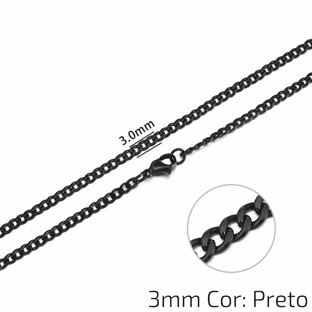 3mm Cor: Preto - Uma corrente preta de 3mm com elos lisos e fecho de garra. A imagem mostra a textura e o design dos elos.