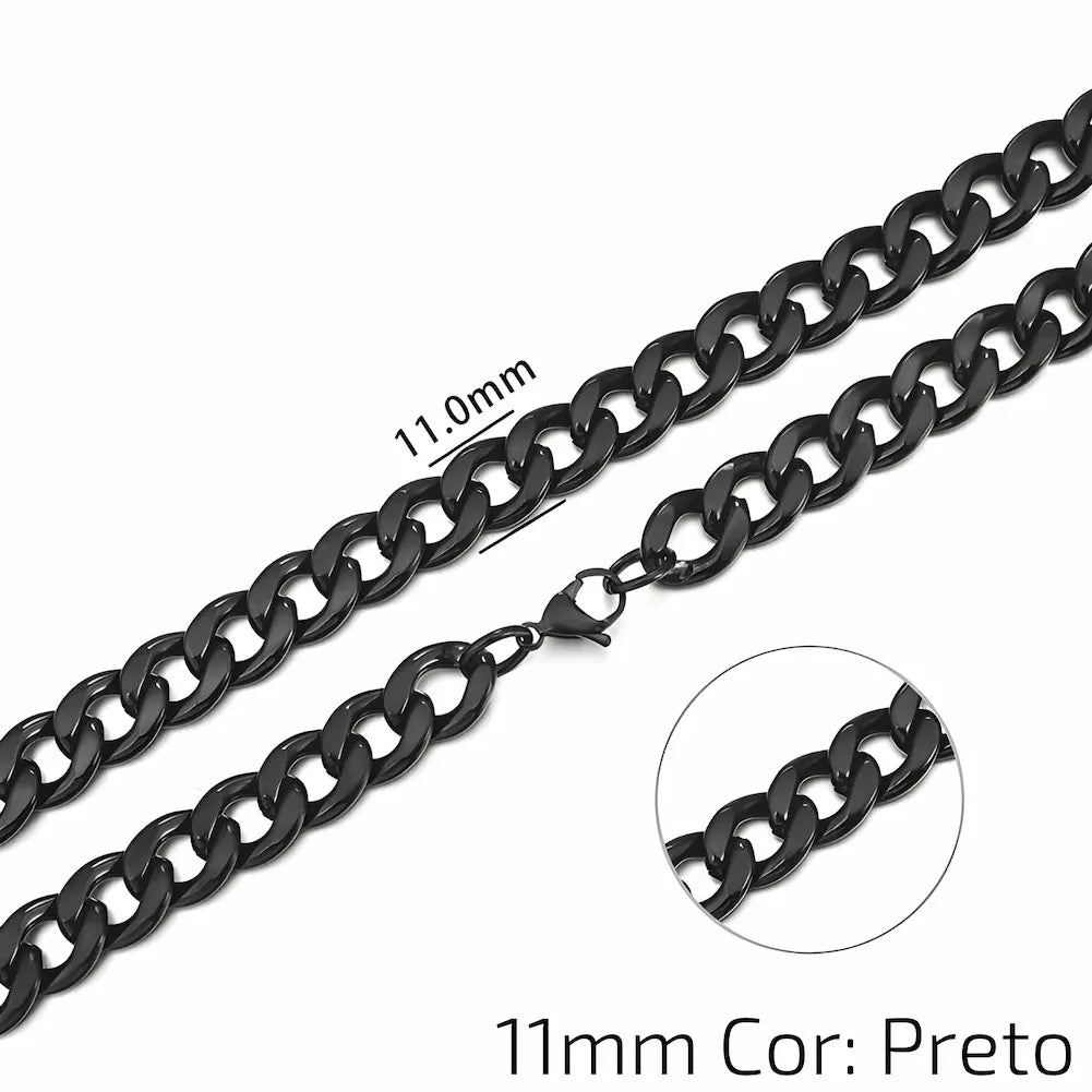 11mm Cor: Preto - Uma corrente preta de 11mm com elos lisos e fecho de garra. A imagem foca na robustez dos elos.