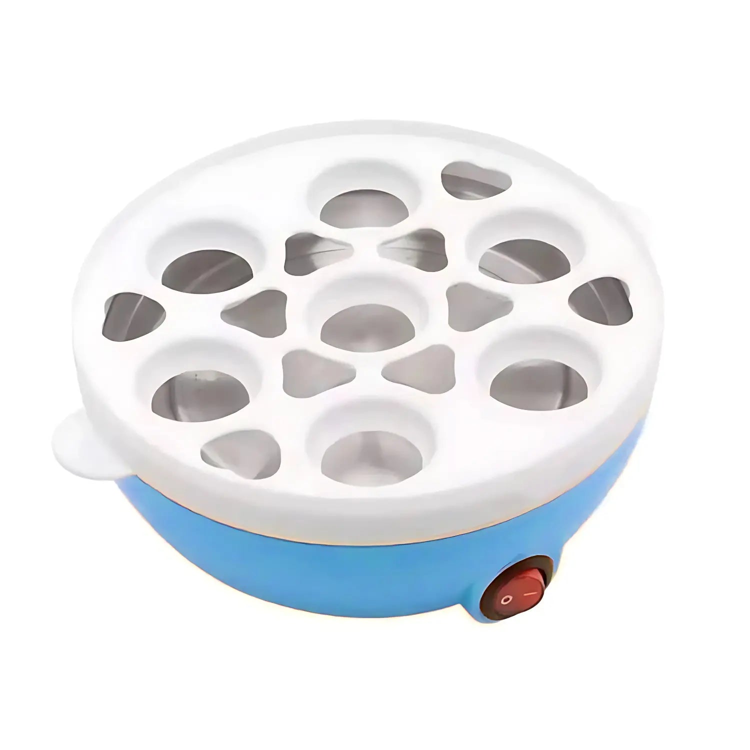 A imagem mostra um cozedor de ovos com capacidade para cozinhar até 7 ovos simultaneamente. O design é simples e moderno, com um corpo azul e tampa branca com orifícios para acomodar os ovos. O aparelho possui um botão de controle para iniciar o processo de cozimento, facilitando a preparação de ovos de forma prática e eficiente.