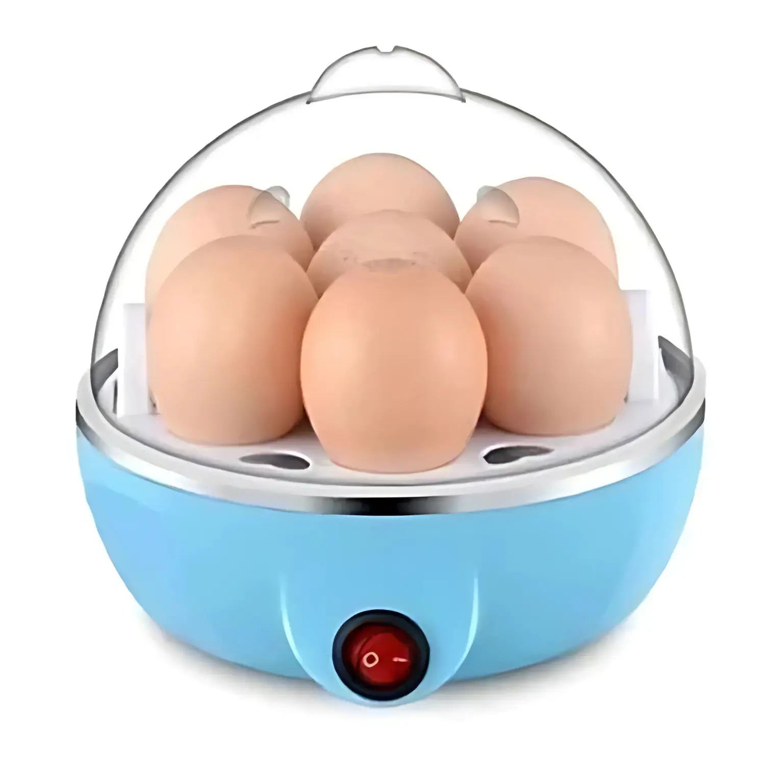 A imagem mostra um cozedor de ovos elétrico com capacidade para cozinhar até 7 ovos simultaneamente. O aparelho possui uma base azul, uma tampa transparente e um botão de controle vermelho. É projetado para cozinhar ovos de forma prática e eficiente, com um design simples e funcional, ideal para quem deseja uma solução rápida na cozinha.