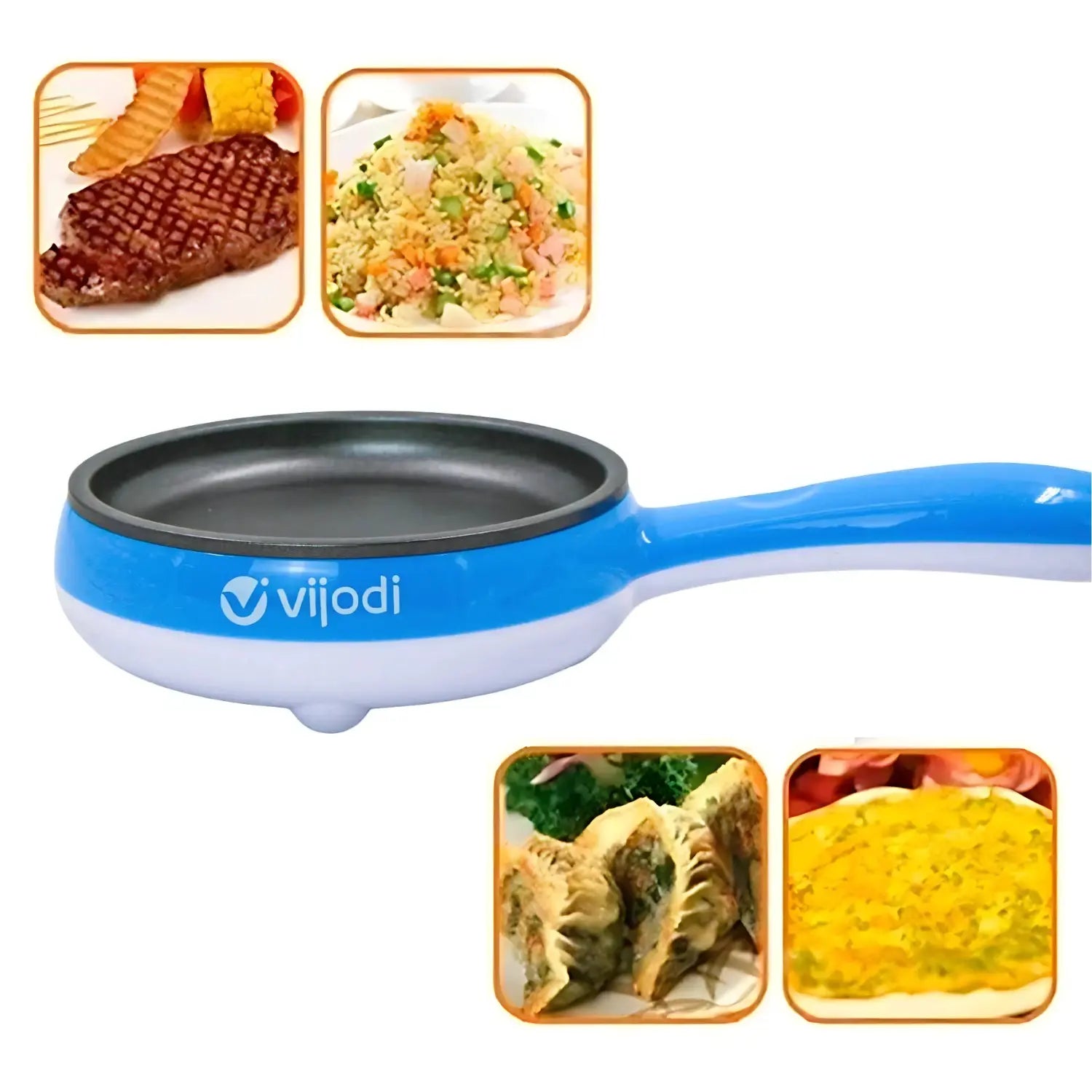 A imagem mostra uma frigideira elétrica "Vijodi" com cabo azul e base branca. A frigideira tem uma superfície interna preta, sugerindo um revestimento antiaderente. Ao redor do produto, há imagens de pratos preparados, como carne grelhada, arroz frito, pastel e omelete, destacando a versatilidade da frigideira para cozinhar diversos tipos de alimentos de forma prática e eficiente.