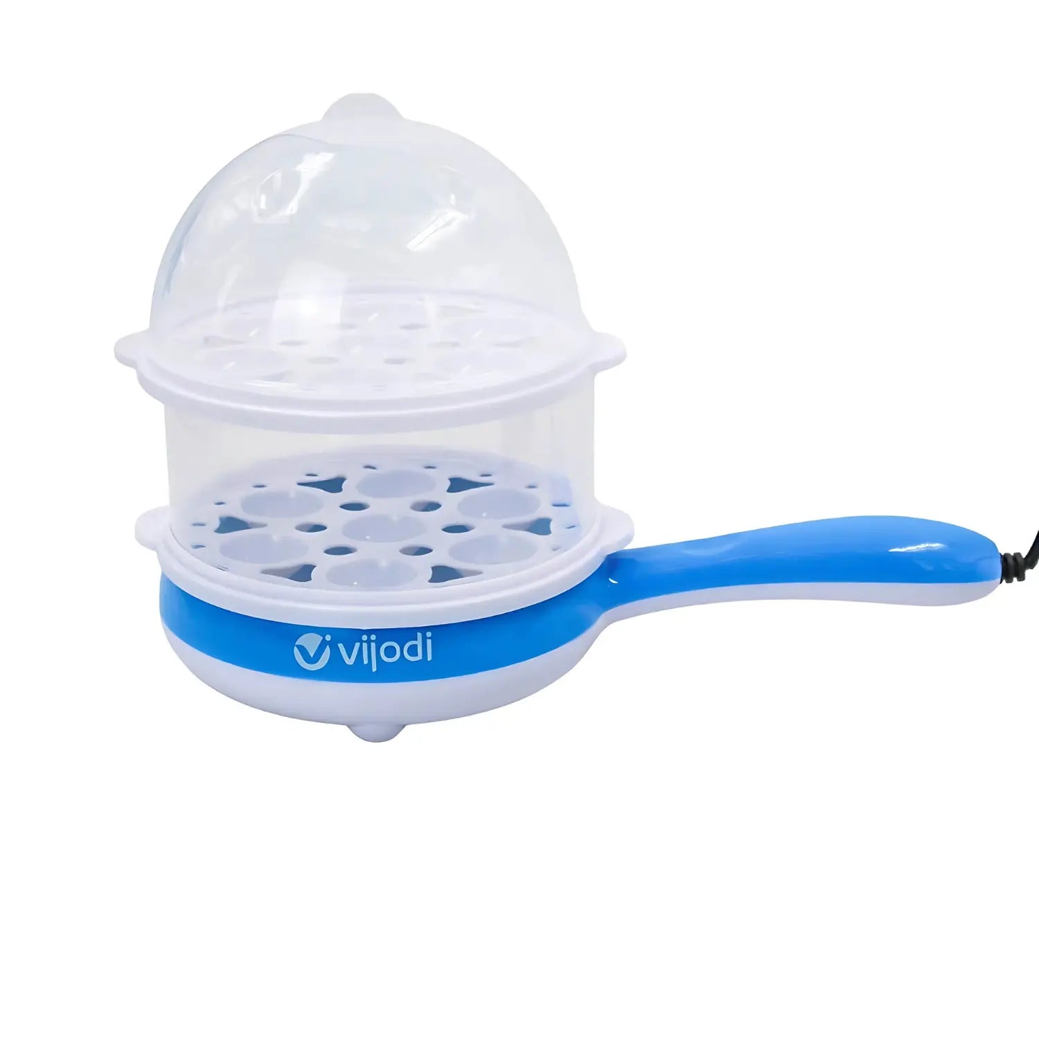 A imagem mostra a frigideira elétrica "Vijodi", que possui um design inovador com uma tampa plástica em forma de cúpula e uma base azul. A parte superior contém uma estrutura com várias cavidades, permitindo cozinhar múltiplos alimentos ao mesmo tempo, como ovos. O cabo de alimentação está visível, indicando que o produto é elétrico, proporcionando praticidade e eficiência na cozinha.
