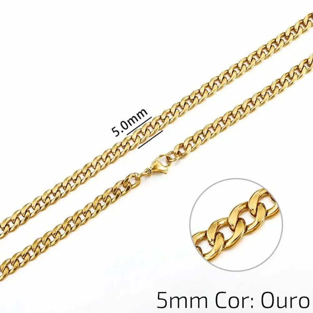 5mm Cor: Ouro - Uma corrente dourada de 5mm com elos lisos e fecho de garra. A imagem foca na espessura dos elos e inclui um close-up dos detalhes