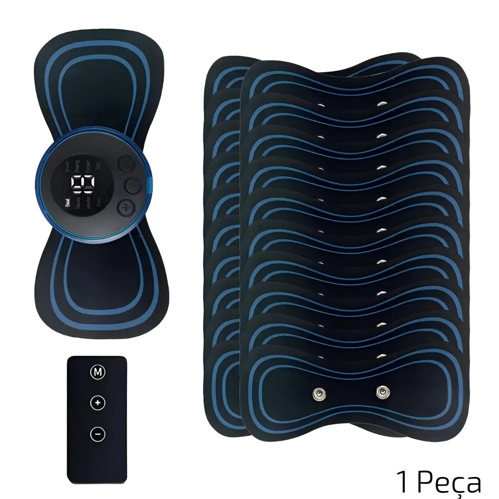  A imagem mostra um conjunto de massageadores elétricos portáteis. À esquerda, um massageador com controle integrado e um controle remoto separado. À direita, várias unidades do mesmo modelo de massageador empilhadas, destacando a quantidade disponível. O texto "1 Peça" está no canto inferior 