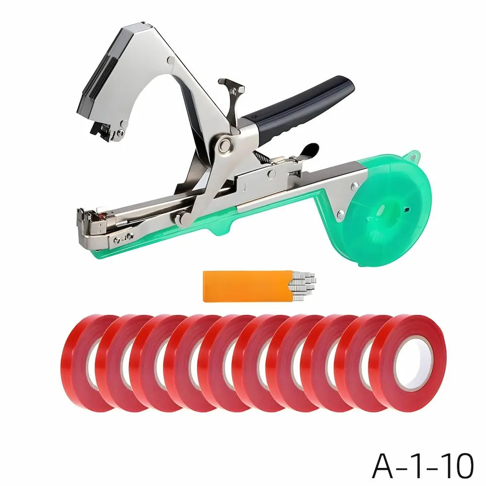 A imagem mostra uma ferramenta de amarrar plantas, com um corpo de metal e plástico verde. Ao lado, há dez rolos de fita adesiva vermelha e um pequeno objeto laranja com pontas metálicas, provavelmente grampos. O canto inferior direito exibe "A-1-10".