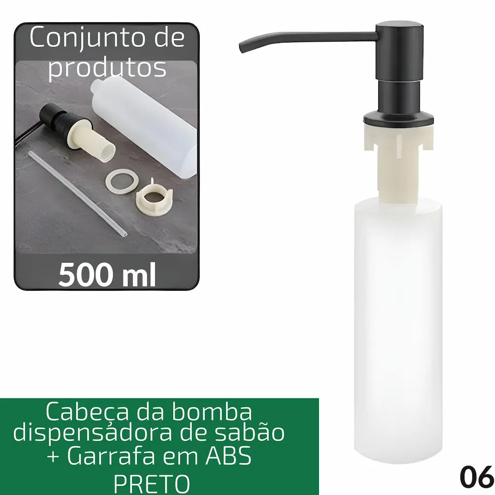 Opção de compra - Código 06: Imagem com conjunto de produtos incluindo cabeça da bomba dispensadora de sabão preta e garrafa em ABS de 500 ml. A imagem mostra as peças desmontadas e o produto montado. Uma escolha moderna e funcional.