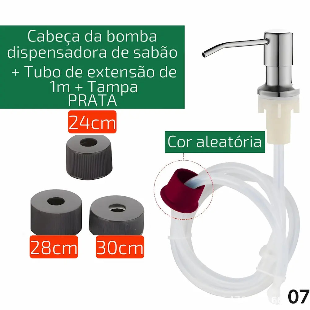 Opção de compra - Código 07: Imagem com cabeça da bomba dispensadora de sabão prateada, tubo de extensão de 1m e tampa. A imagem inclui peças adicionais de diferentes tamanhos e uma montagem completa. Perfeita para instalações mais complexas.