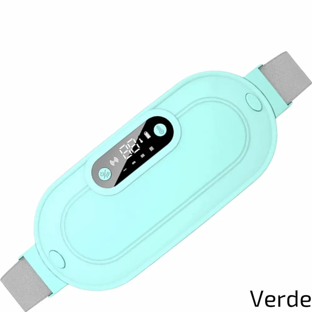  A imagem apresenta uma almofada térmica verde claro para alívio de cólicas menstruais. O dispositivo tem um visor digital que mostra a temperatura de 65°C, botões de controle e uma faixa elástica cinza para fixação. O design é elegante e prático, com a descrição "Verde" no canto inferior direito, destacando a cor do produto.