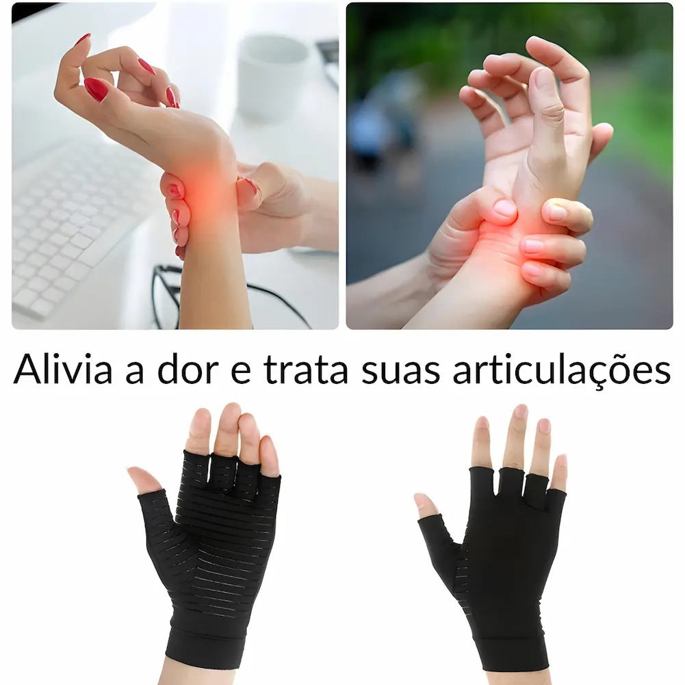  A imagem mostra duas fotos no topo. A primeira mostra uma mão segurando o pulso com uma área vermelha indicando dor. A segunda mostra uma pessoa segurando seu próprio pulso também com uma área vermelha. Abaixo, há a frase "Alivia a dor e trata suas articulações". Na parte inferior, há duas mãos usando luvas de compressão pretas com dedos abertos.