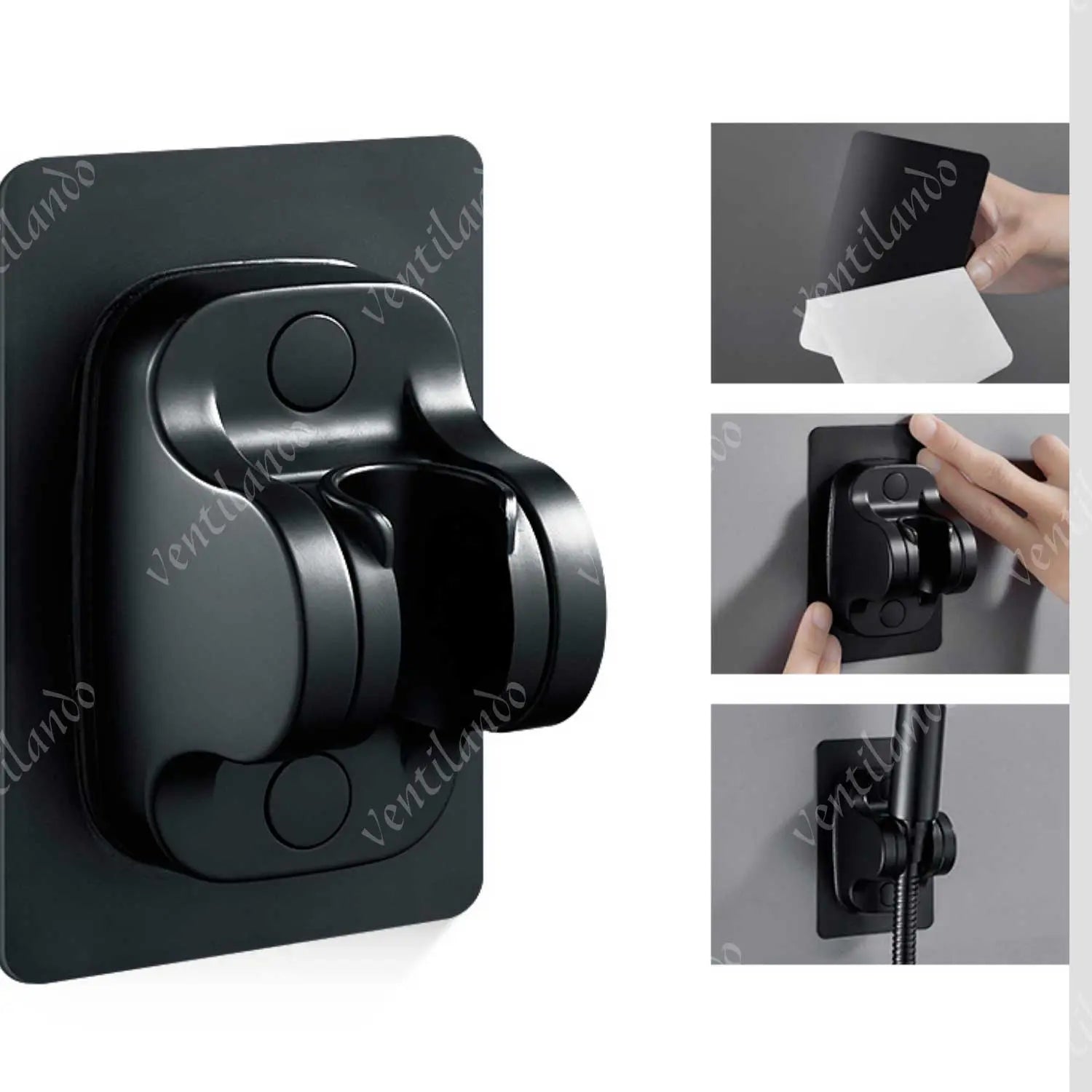 A imagem mostra um suporte para chuveiro de design moderno e elegante, na cor preta. O suporte é projetado para ser fixado na parede e é fácil de instalar, como mostrado nas imagens à direita, onde a instalação e remoção do suporte são demonstradas. O suporte mantém a mangueira do chuveiro organizada e acessível, garantindo um uso prático e eficiente.