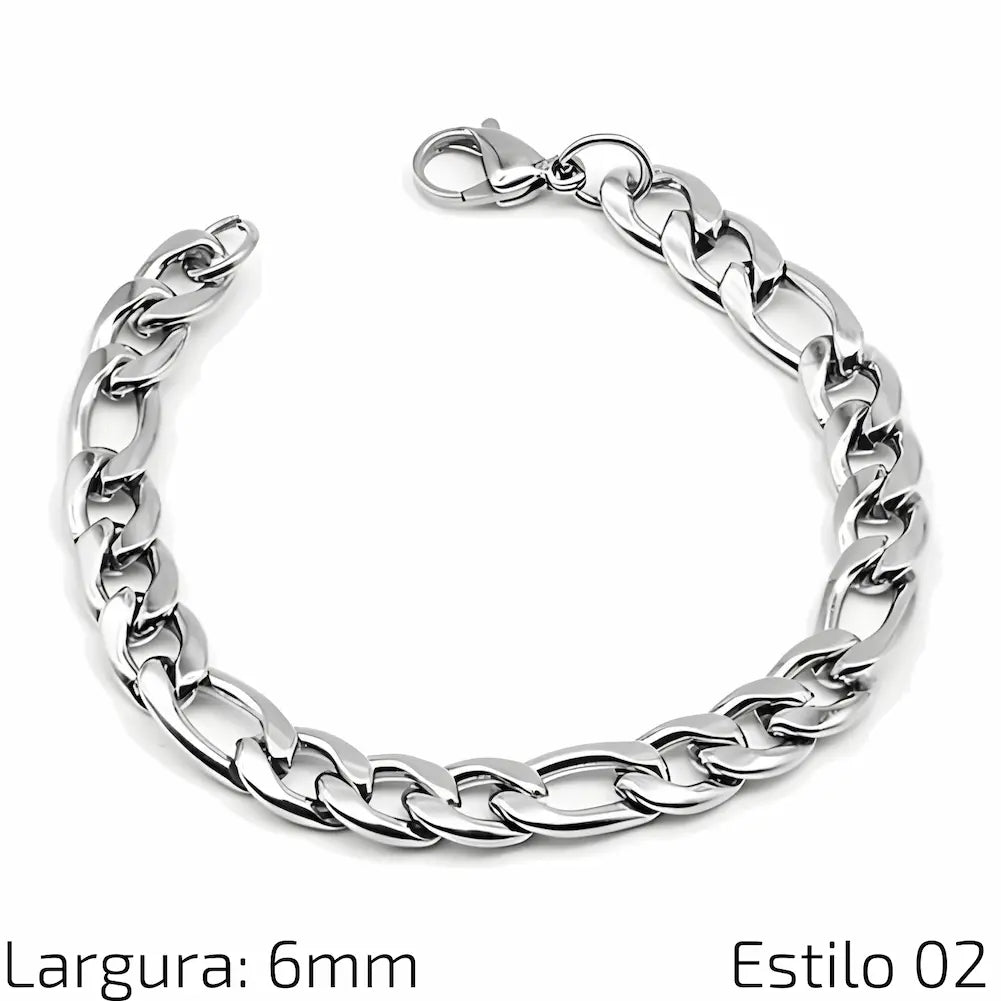 Estilo 02 Descrição: Pulseira de corrente de aço inoxidável com elos medianos e acabamento polido, proporcionando um estilo clássico. Medidas: Largura: 6 mm.