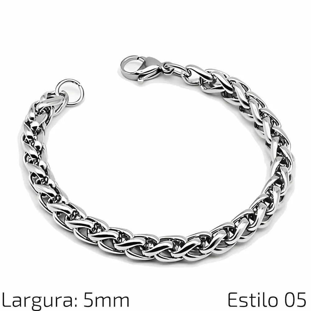 Estilo 05 Descrição: Pulseira de corrente de aço inoxidável com elos finos e entrelaçados, oferecendo um visual delicado e elegante. Medidas: Largura: 5 mm.