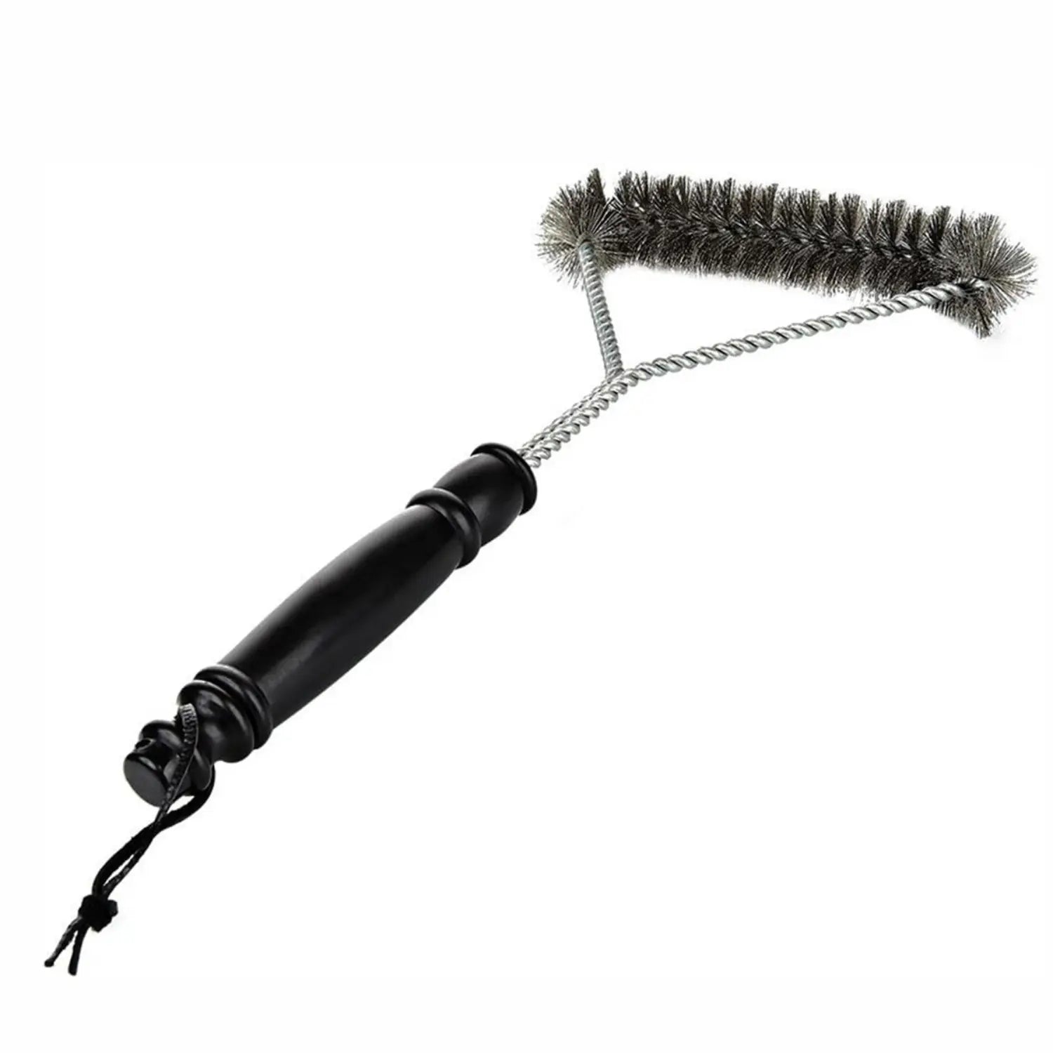 A imagem mostra uma escova de limpeza para grelha, com um cabo preto e robusto, ideal para remover sujeira das barras da grelha. A escova possui cerdas metálicas espessas, projetadas para uma limpeza eficaz. A alça vem com um cordão para facilitar o armazenamento. O design simples e eficiente garante praticidade no uso.