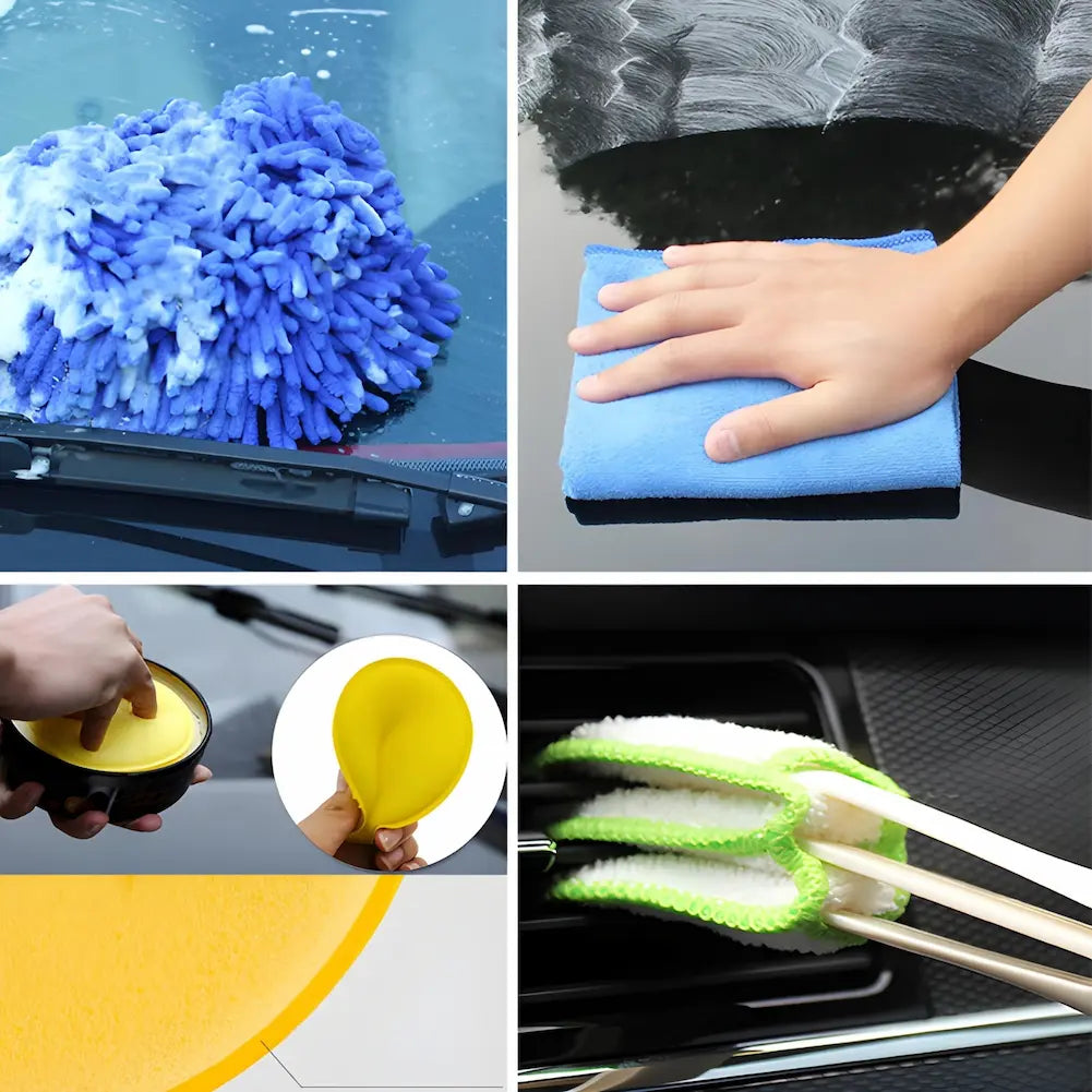  Imagem mostrando diversos acessórios para limpeza de carro. No canto superior esquerdo, uma luva de microfibra azul sendo usada com sabão. No canto superior direito, uma mão usando um pano de microfibra azul. No canto inferior esquerdo, um aplicador de cera amarelo. No canto inferior direito, um limpador de ventilação verde e branco.