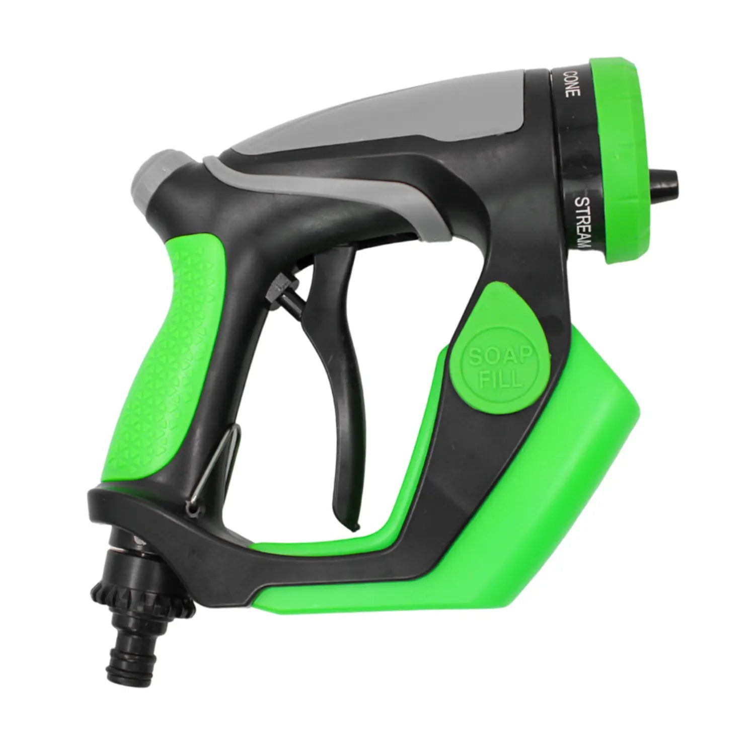 A imagem mostra um pulverizador de jardim com um design moderno e funcional. Ele é predominantemente preto com detalhes verdes e possui um botão destacado com a inscrição "SOAP FILL", indicando a função de adicionar sabão ao jato de água. O topo possui uma rotação para ajustar o tipo de fluxo entre "MIST" e "STREAM". A base do pulverizador é conectada à mangueira e a estrutura é ergonômica, proporcionando facilidade de uso.