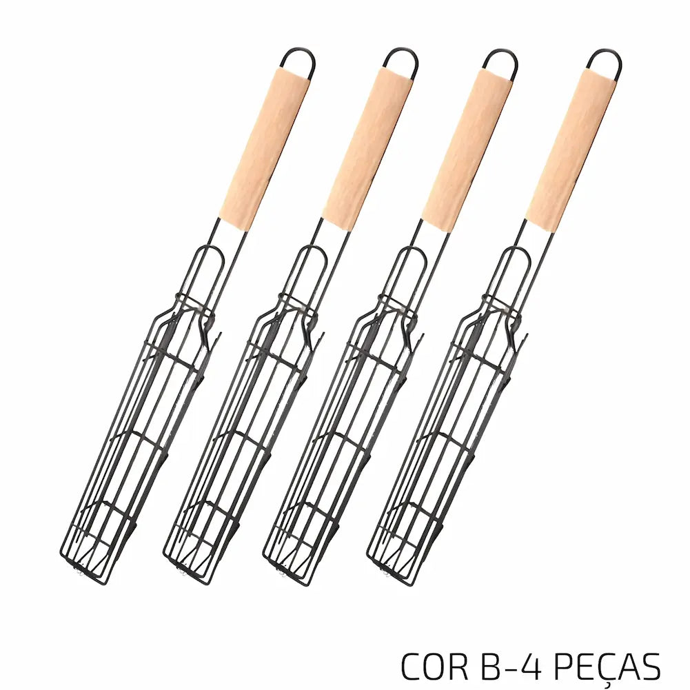  A imagem mostra quatro espetos de cesta para churrasco dispostos lado a lado em um fundo branco. Cada espeto possui uma estrutura metálica para segurar os alimentos e uma alça de madeira clara. A legenda "COR B-4 PEÇAS" está visível na parte inferior da imagem, indicando que o conjunto inclui quatro peças de cor B.