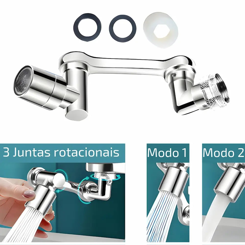 A imagem mostra um extensor de torneira prateado com três juntas rotacionais e acessórios de vedação. Abaixo, há duas ilustrações dos modos de uso: Modo 1 com um jato de água fina e Modo 2 com um fluxo de água forte. O texto destaca a funcionalidade das juntas rotacionais e as opções de fluxo de água.