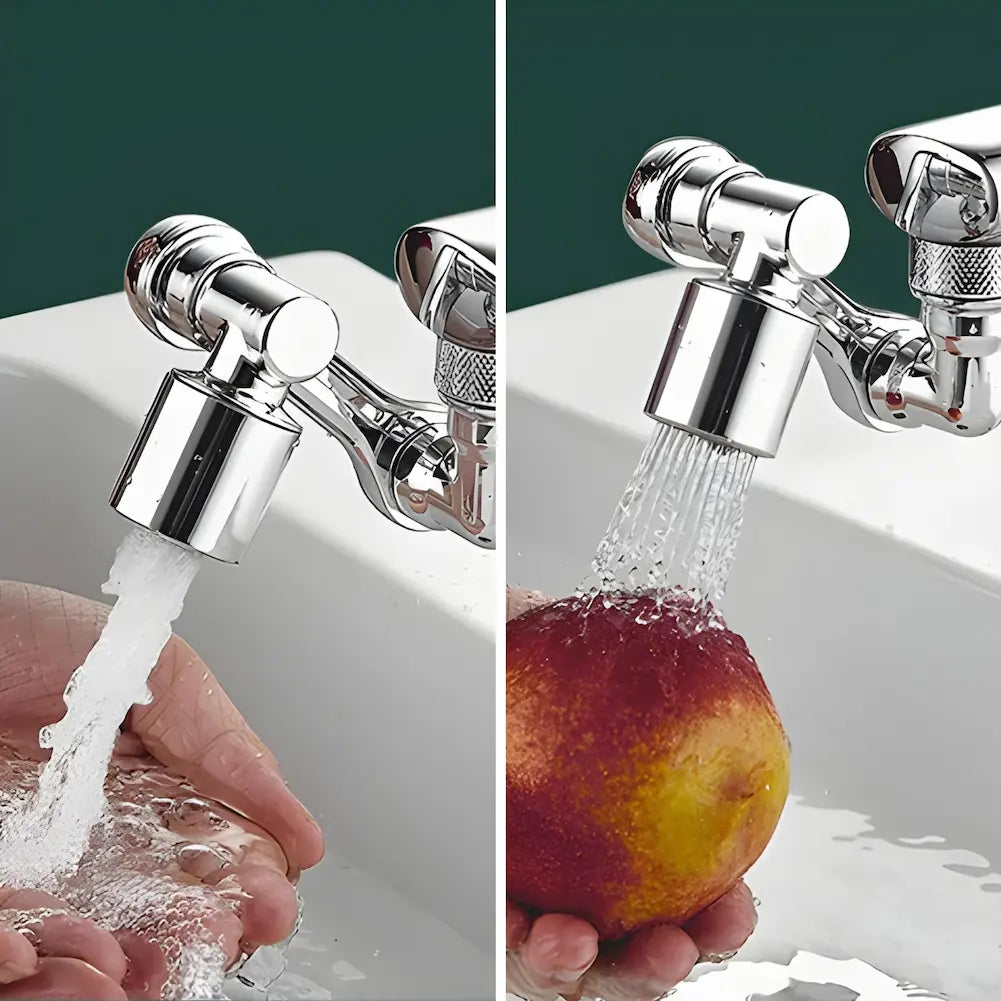 A imagem está dividida em duas partes. À esquerda, uma pessoa lava as mãos sob um fluxo de água forte saindo de um extensor de torneira prateado. À direita, uma pessoa lava uma maçã sob um fluxo de água em jato, também saindo do mesmo extensor.