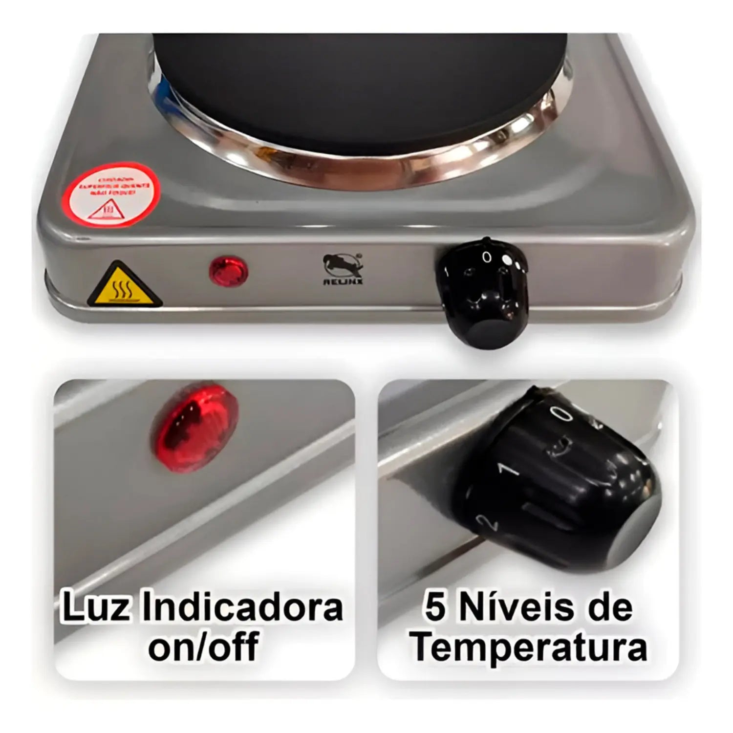A imagem detalha a parte superior de um fogão elétrico portátil. A base metálica apresenta uma luz indicadora de funcionamento (vermelha), além de um botão de controle de temperatura com 5 níveis de ajuste, permitindo personalizar o calor conforme a necessidade. A imagem enfatiza a simplicidade do design e a facilidade de uso do aparelho, destacando a funcionalidade de ajuste de temperatura e a indicação visual de operação.