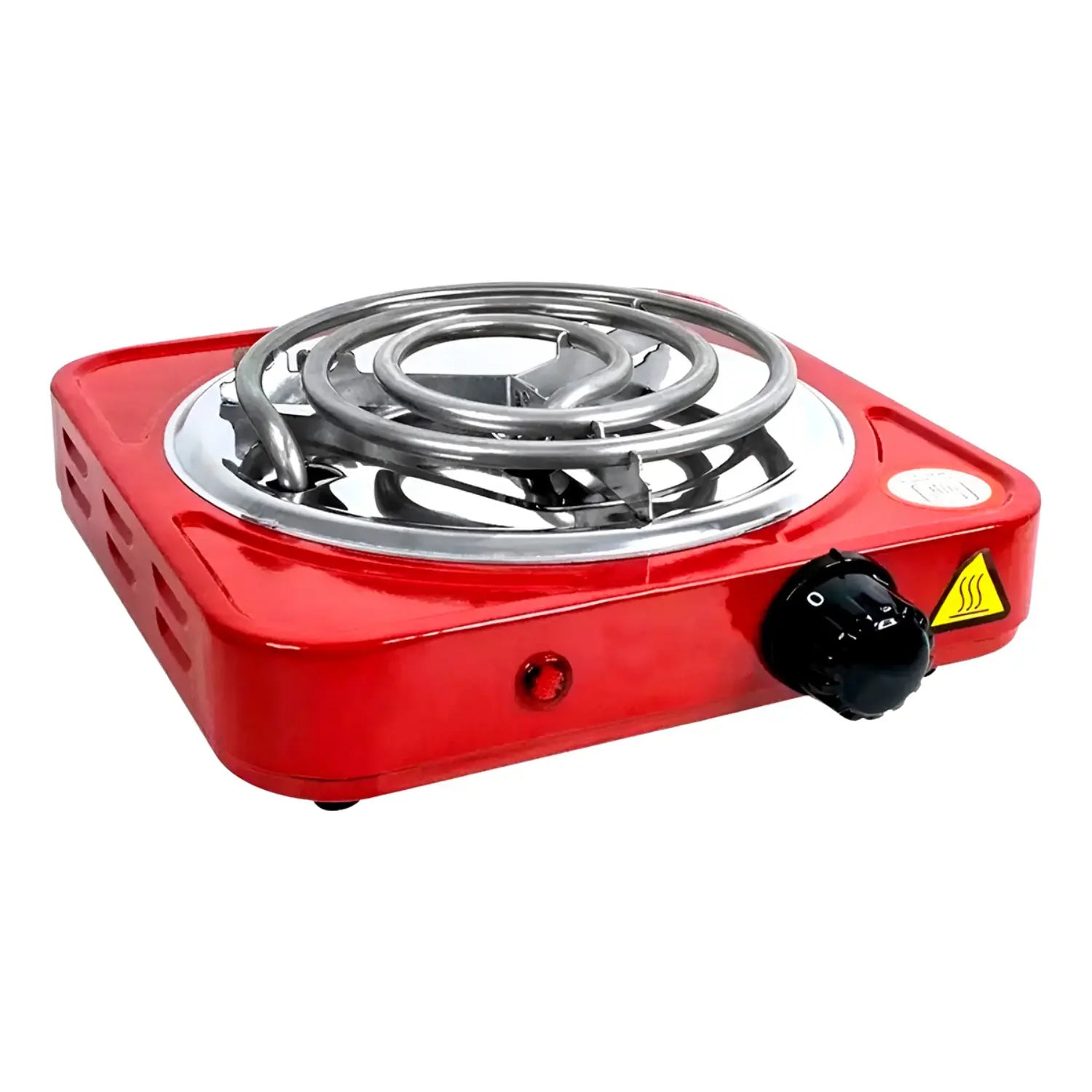 A imagem mostra um fogareiro elétrico portátil de cor vermelha com uma espiral metálica central. O fogareiro possui um botão de controle para ajustar a temperatura e um indicador luminoso de funcionamento. Na lateral, há um símbolo de advertência sobre o aquecimento. O design é simples e funcional, com um visual moderno e eficiente, ideal para quem busca praticidade em pequenas cozinhas ou em situações de uso temporário.