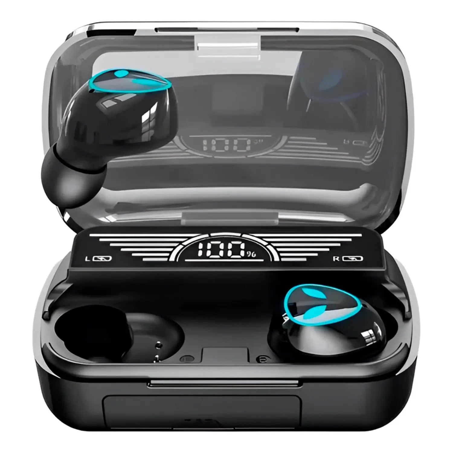 A imagem mostra o estojo de fones de ouvido sem fio aberto, com os fones de ouvido posicionados nas divisórias do estojo. O display digital na parte superior do estojo exibe a carga total da bateria, mostrando 100%. O estojo possui uma tampa transparente e um design futurista, com os fones de ouvido sendo destacados por LEDs azuis. A imagem transmite um visual moderno e tecnológico, ideal para quem busca praticidade e estilo.