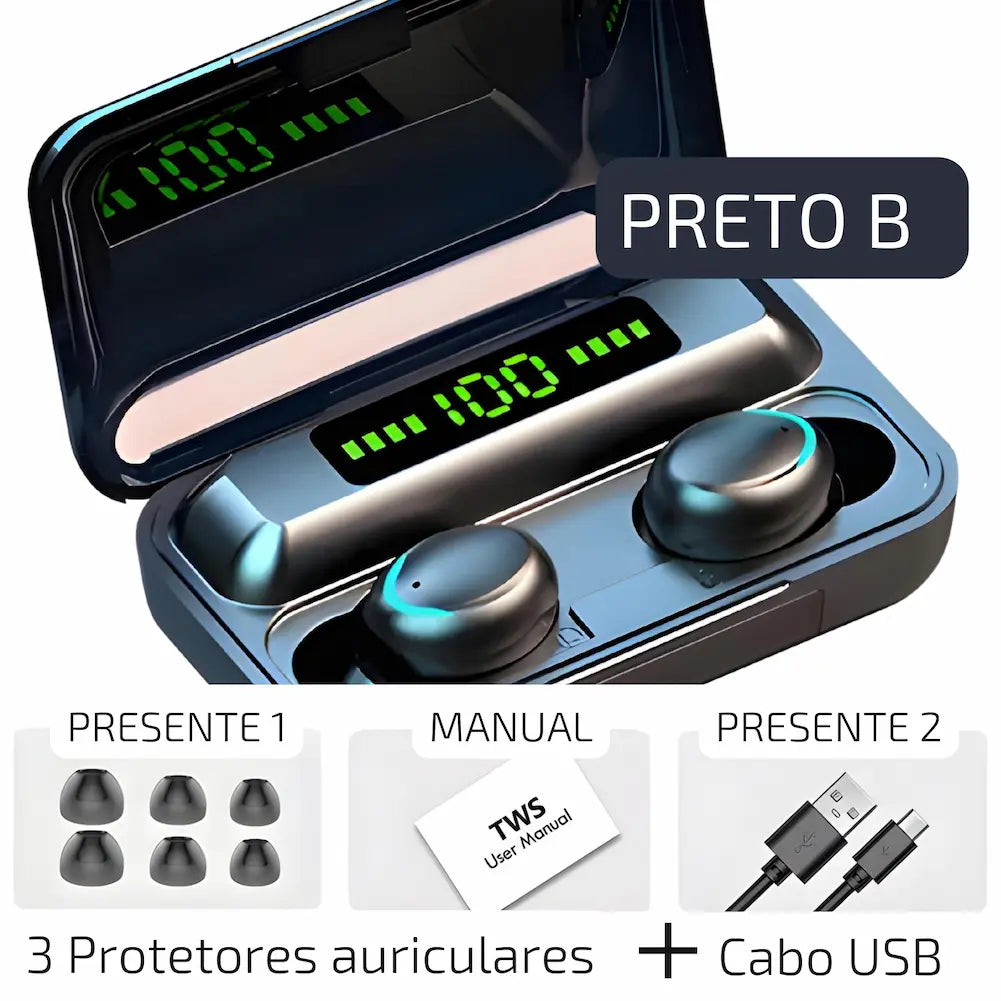 Dois fones de ouvido pretos estão dentro de uma caixa de carregamento aberta. O display digital na parte superior da caixa mostra "100" ao lado de barras de carregamento verdes. Abaixo, três protetores auriculares, um manual de usuário e um cabo USB são mostrados como presentes.