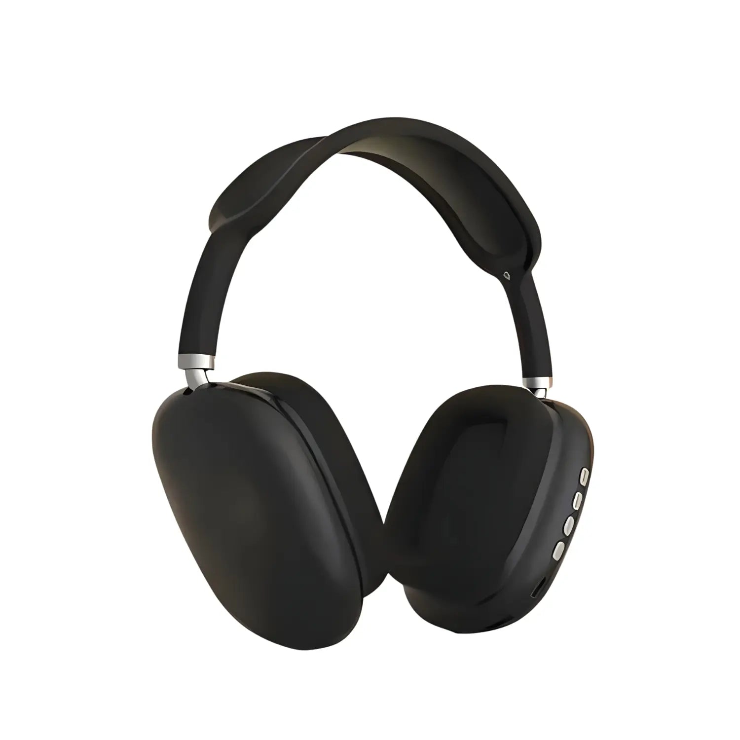 A imagem mostra um par de fones de ouvido Bluetooth sem fio, de cor preta, com design simples e elegante. O arco de cabeça é ajustável e confortável, enquanto as almofadas são grandes, oferecendo um encaixe suave. Há botões de controle e uma entrada para cartão SD na lateral, destacando suas funcionalidades práticas. O design é moderno e de alta tecnologia, ideal para quem busca conforto e qualidade sonora.