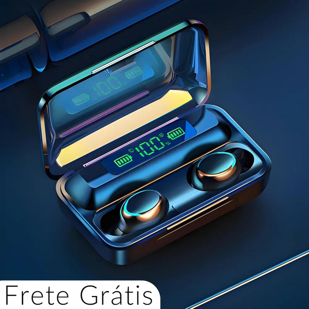  A imagem mostra um estojo de carregamento aberto com um par de fones de ouvido sem fio. O display digital do estojo indica 100% de carga. A tampa é reflexiva, destacando o brilho dos fones. No canto inferior esquerdo, há o texto "Frete Grátis".