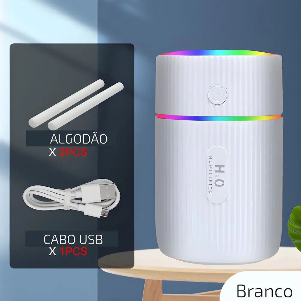 Imagem mostrando um umidificador de ar portátil branco com textura ondulada, emitindo luzes coloridas no topo. Ao lado, há uma representação dos acessórios incluídos: duas peças de algodão cilíndricas e um cabo USB branco. Abaixo dos acessórios, há textos indicando "ALGODÃO X 2PCS" e "CABO USB X 1PCS". Na parte inferior da imagem, lê-se "Branco".