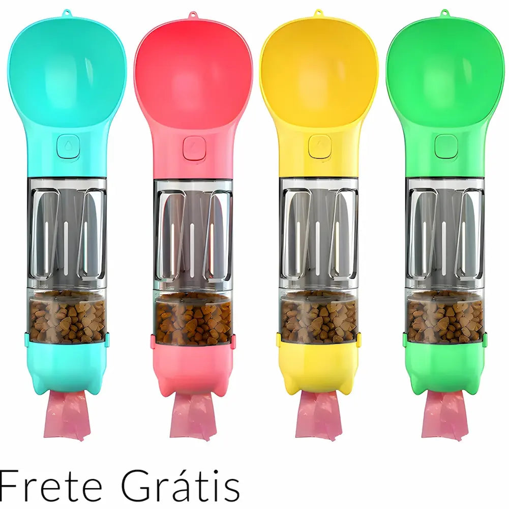  Imagem com quatro garrafas coloridas para alimentação de cães. Cada garrafa possui um compartimento para ração e um reservatório de água, com as cores azul, rosa, amarelo e verde. Na parte inferior, há sacos plásticos pendurados. Texto "Frete Grátis" na parte inferior esquerda.