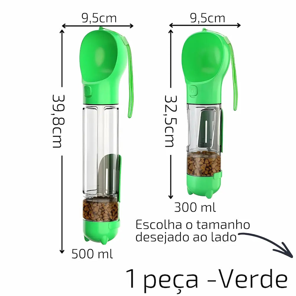 A imagem mostra duas garrafas de água e ração portáteis para cães na cor verde. A maior tem 39,8 cm de altura e 500 ml de capacidade. A menor tem 32,5 cm de altura e 300 ml de capacidade. Ambas têm compartimento para ração e cordão para transporte. Texto diz "Escolha o tamanho desejado ao lado" e "1 peça - Verde".