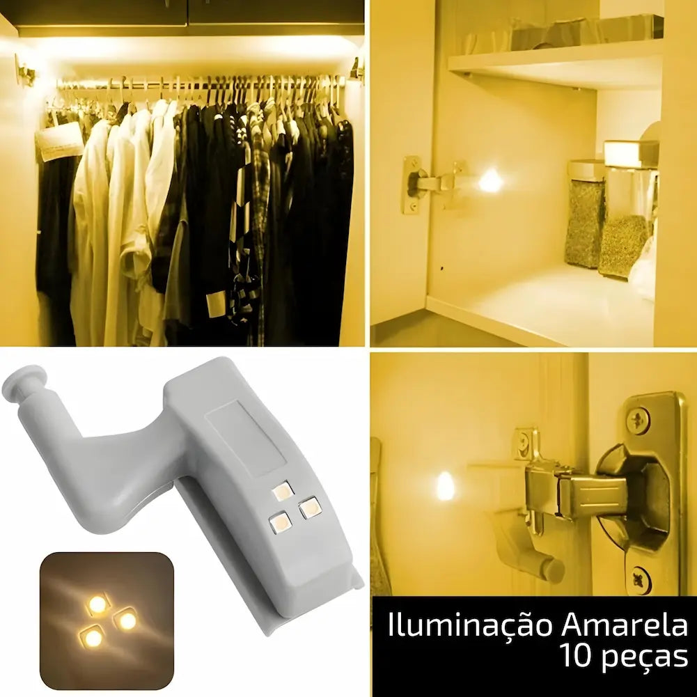  A imagem mostra várias fotos de um armário iluminado com luz LED amarela. No canto superior esquerdo, há roupas penduradas com iluminação amarela suave. No canto superior direito, há prateleiras com itens de cozinha e uma luz LED acoplada à dobradiça. No canto inferior direito, outra visão de uma luz LED em uma dobradiça. A parte inferior central mostra uma luz LED cinza com três LEDs. O texto indica "Iluminação Amarela, 10 peças".