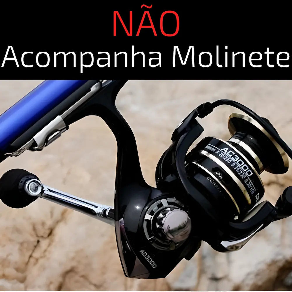 Imagem mostrando um molinete anexado a uma vara de pesca. No topo, texto em destaque: "NÃO Acompanha Molinete" em letras grandes, com "NÃO" em vermelho e "Acompanha Molinete" em branco. A imagem ilustra que o molinete não está incluído na compra da vara de pesca.