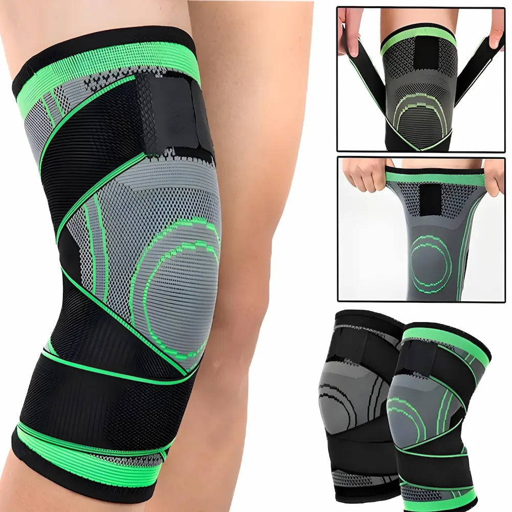  A imagem mostra uma joelheira cinza com detalhes verdes sendo usada. No canto superior direito, duas imagens pequenas mostram a pessoa ajustando as faixas da joelheira. No canto inferior direito, duas joelheiras estão posicionadas juntas, destacando o design e o suporte que oferecem ao joelho.
