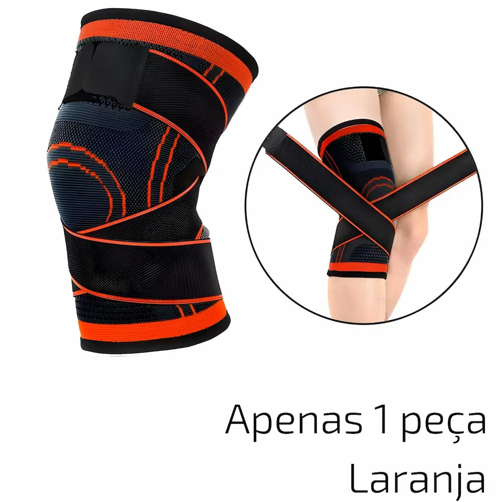 A imagem mostra uma joelheira preta com detalhes laranja. Ao lado, um círculo destaca uma pessoa ajustando a joelheira, cruzando as faixas sobre o joelho. Abaixo, o texto "Apenas 1 peça Laranja" está escrito em preto.