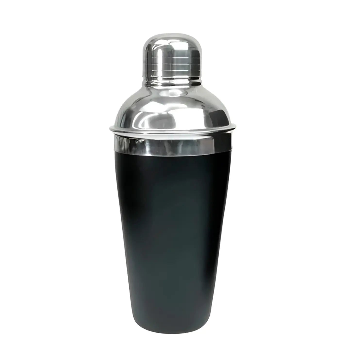 A imagem mostra um shaker de coquetel com acabamento em aço inox e detalhes em preto. Ele possui um design elegante e moderno, ideal para misturar bebidas com estilo e sofisticação, sendo um item essencial para quem gosta de preparar drinks em casa ou em eventos.