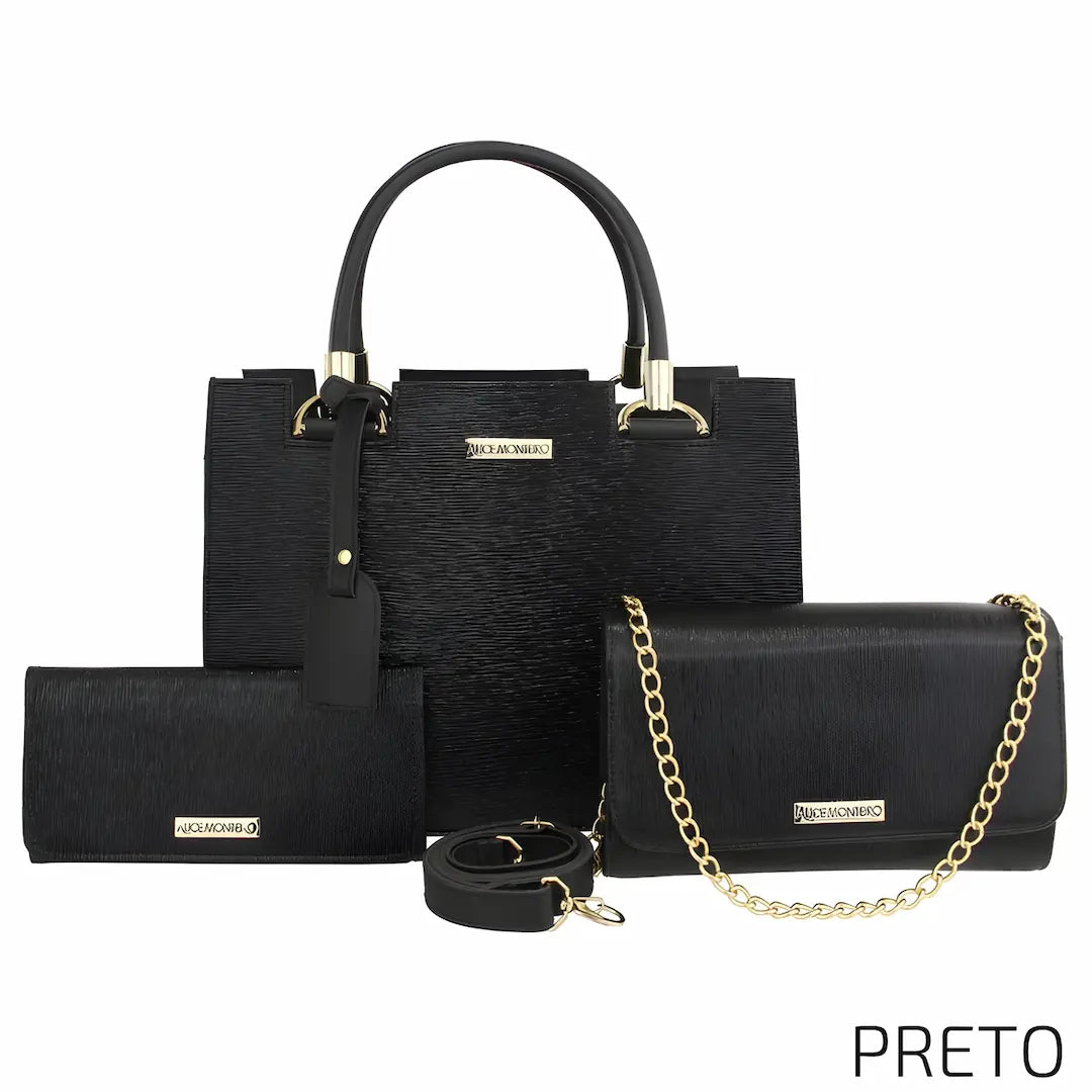 A imagem exibe um conjunto de bolsas na cor preta, composto por uma bolsa maior com alças estruturadas, uma bolsa clutch com corrente dourada e uma carteira. O design é sofisticado, com acabamento texturizado e detalhes metálicos. O texto "PRETO" aparece no canto inferior direito.