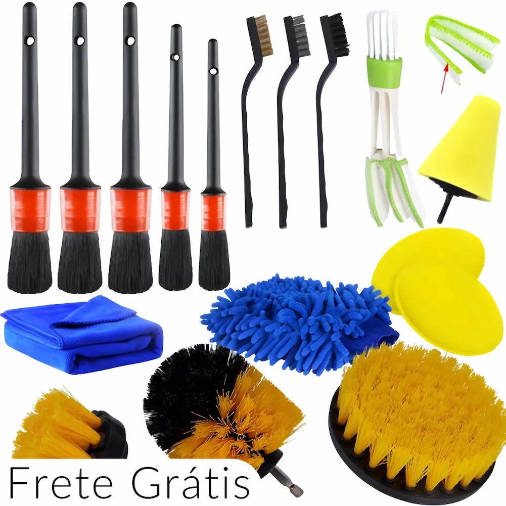  Imagem de um kit completo para lavagem e limpeza automotiva, incluindo cinco pincéis de tamanhos variados, três escovas de diferentes cerdas, um limpador de ventilação, uma luva de microfibra azul, panos de microfibra, aplicadores de cera amarelos, e escovas rotativas para furadeira. Texto: "Frete Grátis".