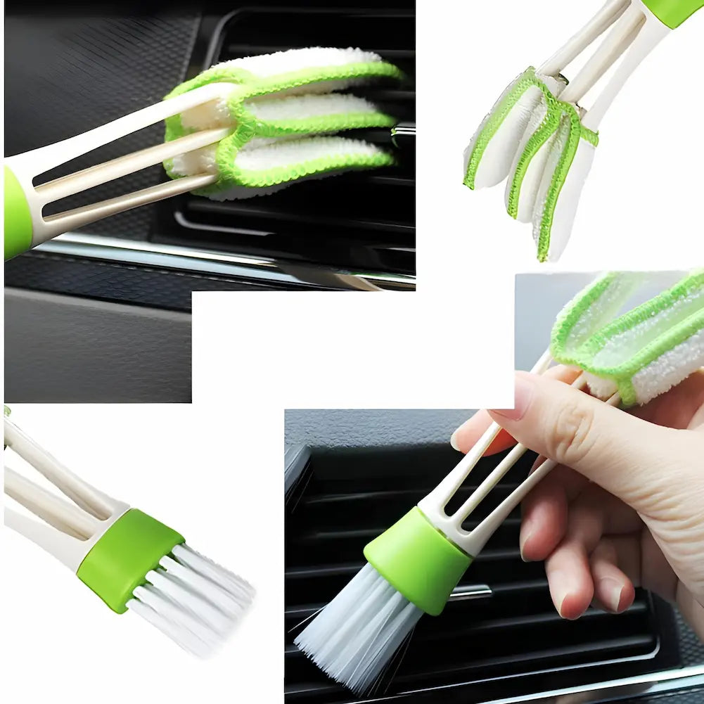  Imagem mostrando um limpador de ventilação automotiva em uso. O limpador possui cerdas brancas e uma base verde, com várias almofadas de microfibra verdes e brancas para limpar as saídas de ar. As fotos demonstram diferentes ângulos e métodos de uso, destacando a eficácia na remoção de sujeira e poeira das saídas de ar.