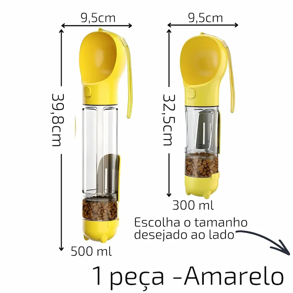  A imagem mostra duas garrafas portáteis amarelas para água e ração para cães. A maior tem 39,8 cm de altura e 500 ml de capacidade. A menor tem 32,5 cm de altura e 300 ml de capacidade. Ambas possuem compartimento para ração e cordão para transporte. Texto diz "Escolha o tamanho desejado ao lado" e "1 peça - Amarelo".