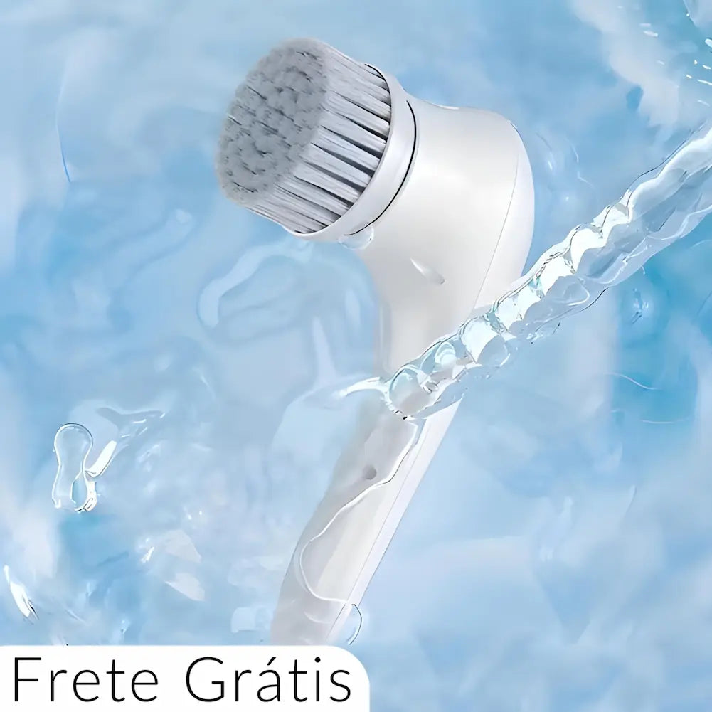  Imagem mostra uma escova elétrica branca em um fundo azul, com água ao redor das cerdas, sugerindo uso em ambiente aquático. No canto inferior esquerdo, há um texto dizendo "Frete Grátis".
