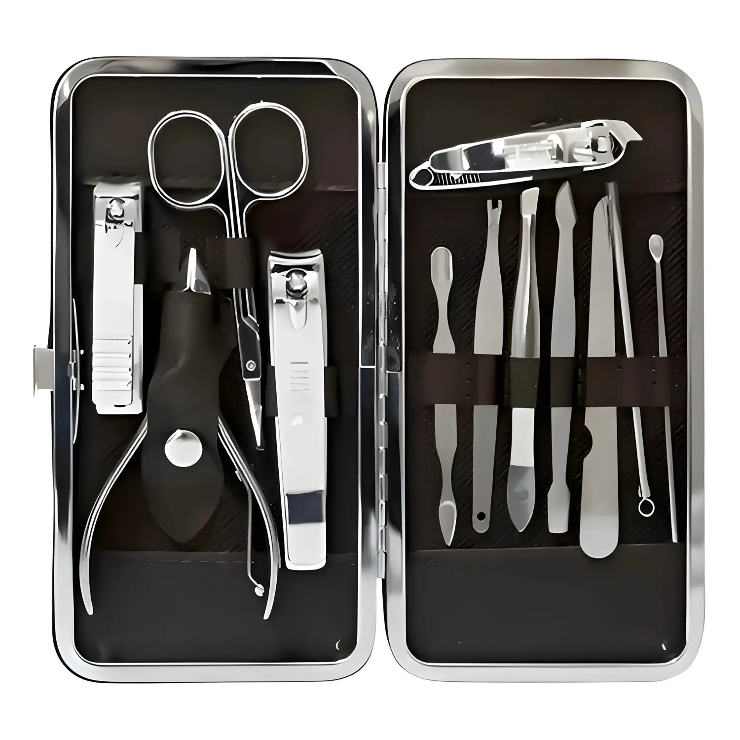 A imagem mostra um conjunto de ferramentas de manicure e pedicure em uma caixa metálica aberta. As ferramentas são de aço inoxidável e estão organizadas em compartimentos. O conjunto inclui cortadores de unha, uma tesoura, alicates, espátulas e outras ferramentas específicas para cuidados com as unhas. O fundo da caixa é de cor escura, e as ferramentas estão bem organizadas, conferindo um visual limpo e funcional.