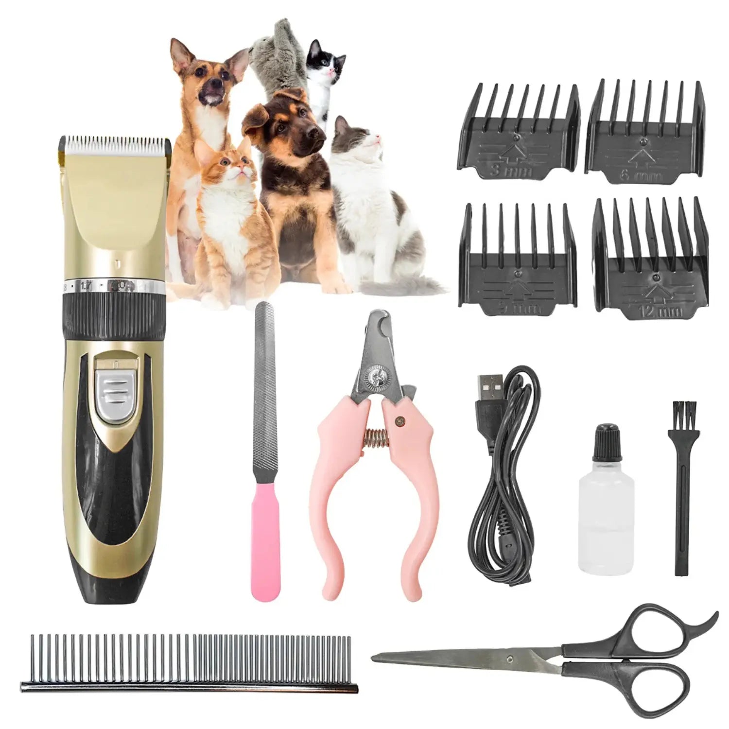 A imagem mostra um kit de ferramentas para o cuidado de animais de estimação, incluindo uma máquina de cortar cabelo, quatro pentes de diferentes tamanhos, uma lixa, um cortador de unhas rosa, um cabo USB, um frasco de óleo para manutenção e um pincel de limpeza. Ao fundo, há imagens de cães e gatos, sugerindo que o kit é ideal para pets. Também há um pente e uma tesoura para finalizar o processo de cuidado.