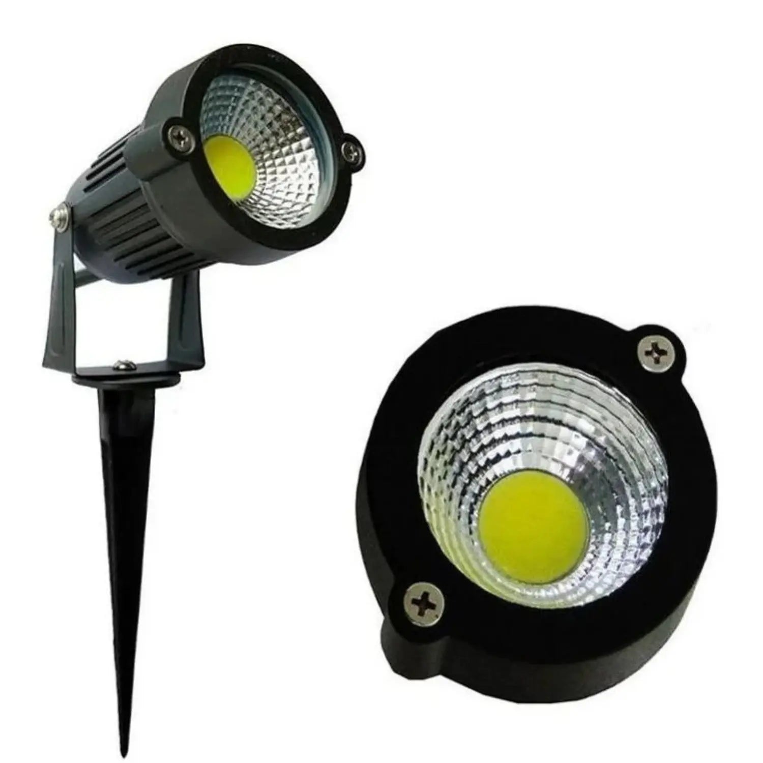 A imagem exibe dois modelos de refletor LED. O primeiro é um refletor com suporte para ser fixado no solo, enquanto o segundo é um modelo de embutir, ideal para instalação em superfícies. Ambos os refletores possuem LEDs centrais em tom amarelo, sugerindo alta eficiência de iluminação. Além disso, há um texto de promoção "Frete Grátis" na parte inferior da imagem.